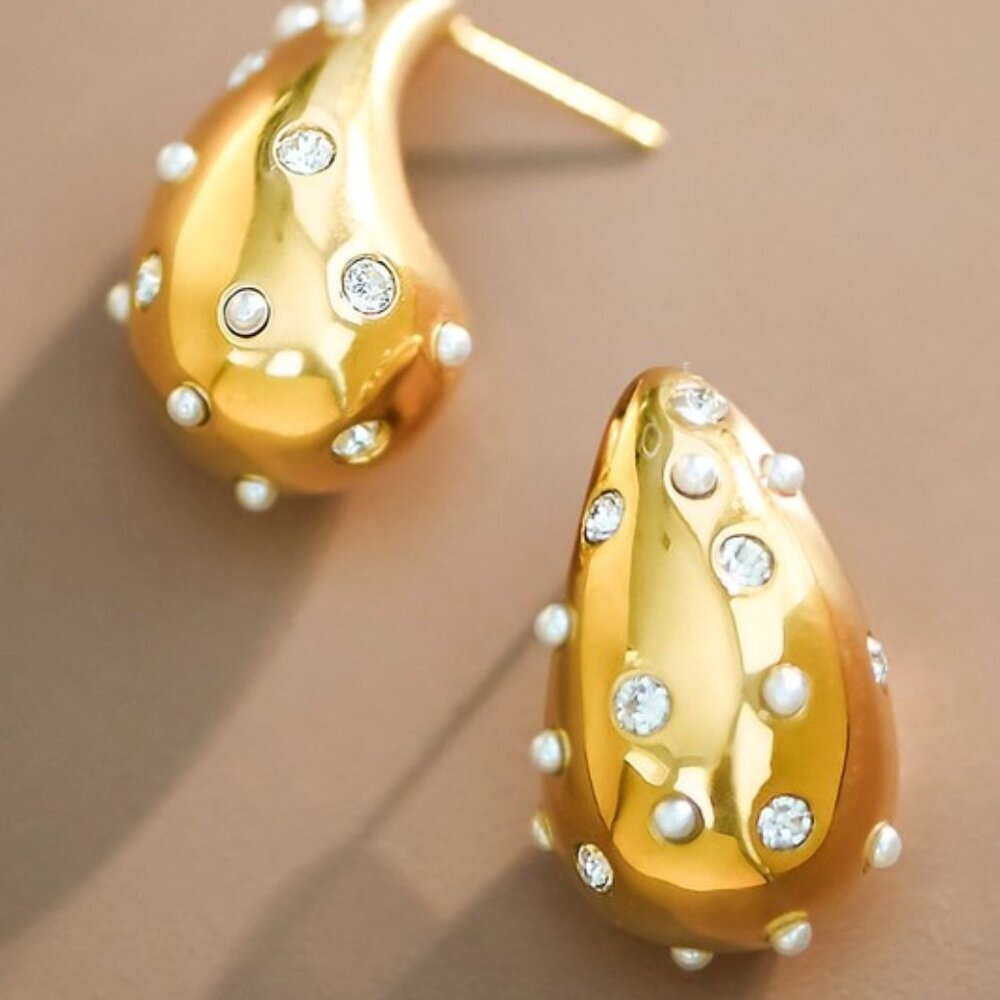 Pearl & Rhinestone Studded Raindrop Earrings